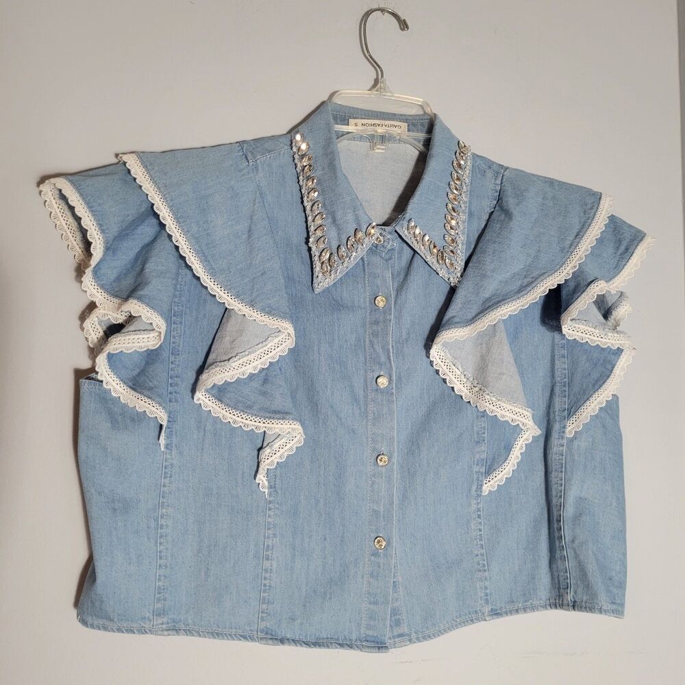 Galita Fashion Women’s Western Denim Top Rhinestone Collar Ruffle Shirt Size S